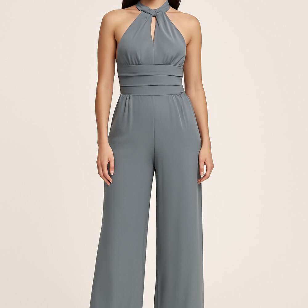 Bebe Wide Leg Halter Jumpsuit - Size Large Slate Gray